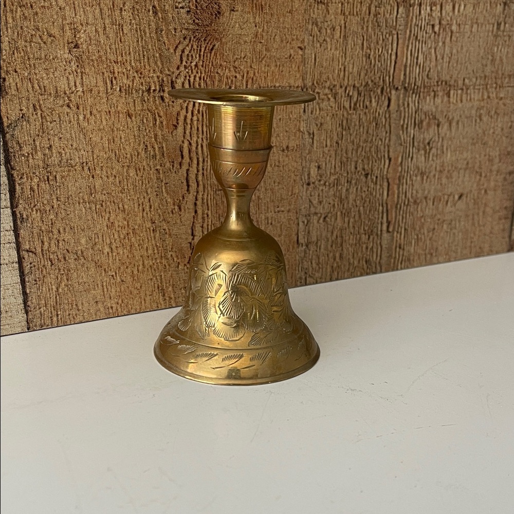 Vintage etched brass bell candle holder